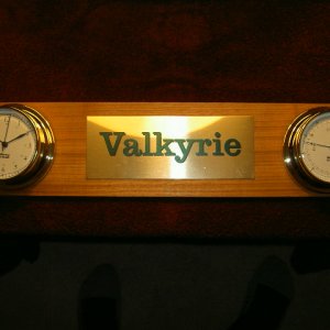 Newest cabin upgrade: clock and barometer on teak to be mounted above the door.  "Valkyrie" on brass was done by local trophy shop.  I emailed him the BOATUS webpage with the name and he worked from that.  Font and color match  the hull application.