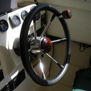 Teak steering wheel hub and spinner. "Suicide knob" for those chronologically gifted, like me.