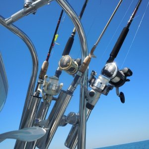 Detail shot of rod holders.  Two trolling and two spinning rigs.