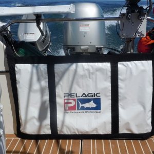 Heavily-insulated fish bag secured to the transom rail.  It's great when fishing and cruising because it doesn't take up room like another cooler would.   When done fishing, if successful, 
we put the filets in the bag and add ice and rock salt which freezes them for days.
