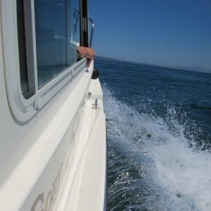 Moving to open ocean. 5.6 foot 7 second seas coming up soon. Sea-Cruz was great but it did go bang a lot. No time for pictures. World of difference between "inside" and "outside" on Monterey Bay