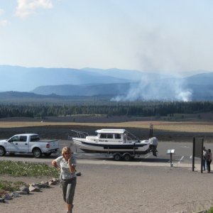 Crater Lake lookout with natural fire in background.  Rangers were monitoring but it was being allowed to burn