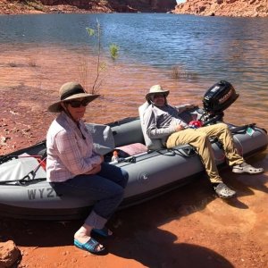 The 13 foot double layered bottom Kaboat is working well for us, especially combined with the 52 pound Suzuki 4 stroke 6 hp motor.  With 7.5 x 6? prop it will do 13.5 mph with just me aboard at Lake Powell & 10.5 mph with both of us.  The double layer bottom does increase it?s weight to 80 pounds, which I can still handle though the 12 footer at 50 is much easier.