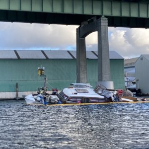 Media 'Sunken transient boat under the Ballard Bridge' in album 'Fishermans Terminal public dock'