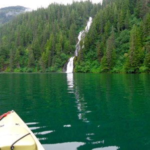 Kayaking toward the falls at Red Bluff Bay.