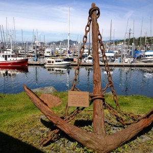 Our boat at the old Thompson Harbor In Sitka.  It\'s the one to the left of the old anchor (no, not the red one).  We are almost always the smallest boat cruising SE Alaska! The smaller the boat, the bigger the adventure!