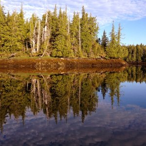 Our first anchorage in Alaska at Foggy Bay.  Perfectly calm water.  Dixon Entrance was very smooth.