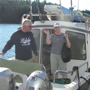 (Pat Anderson) Fred and Robbin Aboard Anita Marie at Gorge Harbour 9-10-05