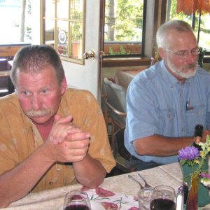 (Pat Anderson) John Schuler (Clara) and Crew Kurt at Floathouse Restaurant Gorge Harbour 9-10-05