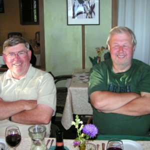 (Pat Anderson) Ken (CAVU) and Crew Mike at Floathouse Restaurant Gorge Harbour 9-10-05