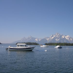 Unnamed 22' Cruiser float tied, Coulter Bay, Marina, Jackson Lake, Grand Teton National Park