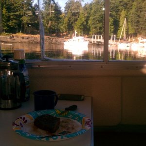 Steak breakfast while moored up on a bouy at Jones Island