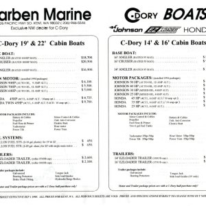 C-Dory 1993 Misc prices Pg 2
19 & 22 Cabin Boats
14 & 16 Cabin Boats
