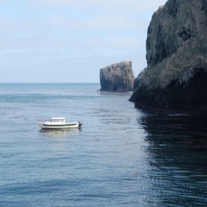 The anchorage outside Landing Cove: 50 feet of depth with a lot of surge.  At the cliff depth is about 35 feet.  If there is any weather at all it is not a safe anchorage.