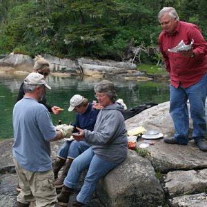 Media 'Good eating!  Fresh steamed or raw oysters boiled spotted prawns, seafood quesadillas with raspberry chipotle sauce, chips and salsa and drinks.  The good food was only topped by the great camaraderie.' in album 'Jim lends a helping hand to Denny and Signe landing their dingy.'