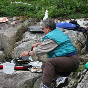 Media 'Seafood quesadillas were very much appreciated by everyone.  Signe and Denny brought the quesadillas and did the cooking.' in album 'Jim lends a helping hand to Denny and Signe landing their dingy.'