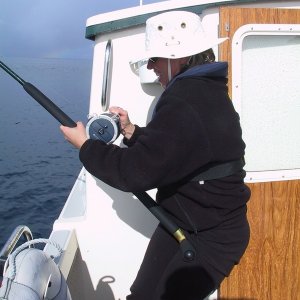 Rene fighting big halibut