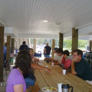 Everyone chatting before breakfast.