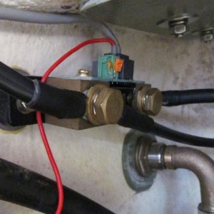 Shunt for Victron battery monitor. This goes between house battery and negative bus (loads).  See note in previous photo(s) explaining why there are dangling wires, etc.