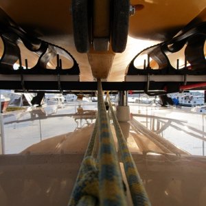 Media 'rear view of rear saddle set (20 inches at outside edge and 6 inches up from bar to contact point)  This is the measurement with boat on saddles so they are squished down an inch or so. 4.5 inches for wheel clearance between saddles' in album 'Cruising in the Pudgy'