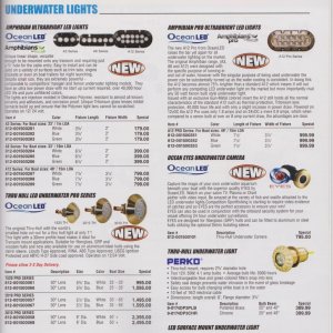 Discount Marine Accessories catalog showing prices of Amphibians underwater lighting by Ocean LED.