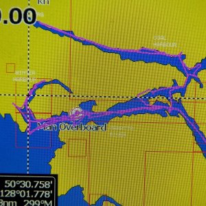 This is a screen shot of my travels.  Ignore the "Man Overboard."  That's where I caught the salmon and I pushed the wrong buttons to mark the spot.  The GPS readings are for Winter Harbor.