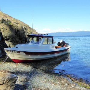 Beached on one of the many tiny coves on Lummi, Sunday evening June 14, waiting for the winds to die down before crossing Bellingham Bay.