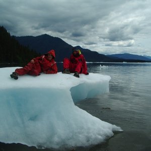 Media 'NIck and David ON some cool ice!  OK, it is not safe to be climbing around on ice bergs, they may roll.  This one is actually grounded, I am photographing from the beach!' in album '(Luna C) Petersburg from Pet. Mtn.'