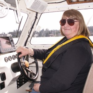 Patty at Helm of Daydream on Lake Washington 4-4-09