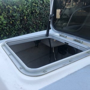 Pre repair photo. Bomar hatch in foredeck of a 16 Angler. Noticed a delayed leak around the edge of the hatch every time it rained.