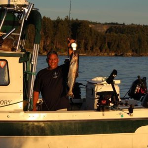 Peter on C-Dancer from Washington caught a salmon - happy boy!
