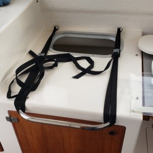 Kneeling grab-bar and eye bolts with cargo straps.