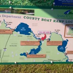 Media 'Some of the "downstream" boat launches.  None had overnight parking (or fees).  My Navionic card ends at lake Harney, but there is actually over 60 more miles if you are comfortable in shallow water.
The sign is courtesy of the Seminole County Department of Leisure Services.  Sounds like a nice job.' in album 'The launch on Hwy 192 with access to Lakes Washington and Sawgrass (and higher if you dare).  Lake Washington has a spillway and going downstream is only possible at high water. https://www.youtube.com/watch?v=_MRcYmwi2x0'