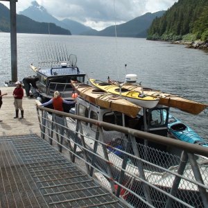 Charter boats resting up for rough ride out Lisianski Straight, Baranof Island outer coast.