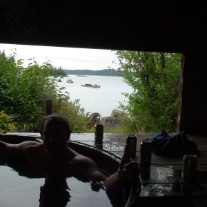 A well earned soak in Goddard Hot Springs on the same day we rounded Cape Ommaney and came up the west side of Baranof Island.  Hunkydory anchored in the bay