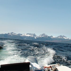 Crossing Chatham Straight near Pt Gardner headed to Fredrick Sound & Admiralty Island.  Look close & you will see the Red Bluffs indicating the entrance to Red Bluff Bay