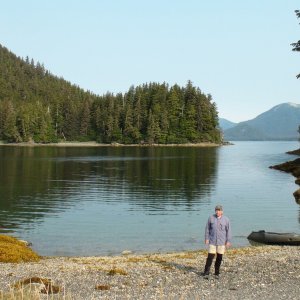 Jay on Chock Island, Gambier Bay, Admiralty Island in front of nights achorage