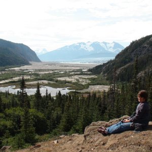 Jo-Lee & I walked again to overlook of Llewellyn Glacier, lake & river outflowing from the Juneau Icefields.