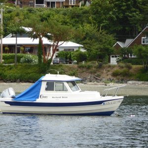 A 16' Cruiser named "Actual Size" moored off of Bainbridge Island
