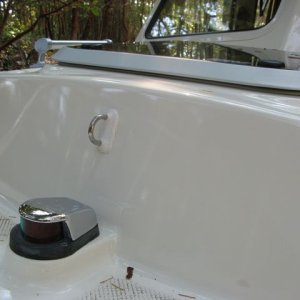 Bow eye installed to provide attachment point for bitter end of anchor line.