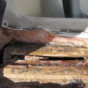 Final prep shows void in non marine plywood.  The top layer of glass was only about 1/8 to 3/16 " thick.  No rot or moisture in the core--but note that the wood in the transom ends before the top of the transom, and at the left side of the photo, instead of being carried all of the way to the side of the transom.  In other words the poorly laminated spash well molding is taking a lot of the load of the engine thrust, instead of the sides of the hull.