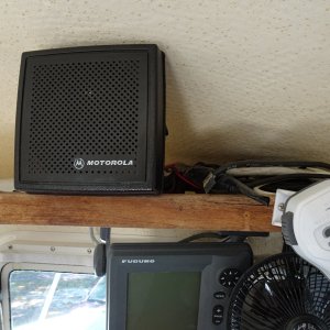 Remote radio speaker for better sound quality and microphone, with up; down, channel buttons.