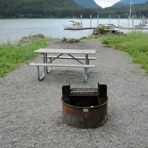 Picnic area overlooking Taku Harbor public dock