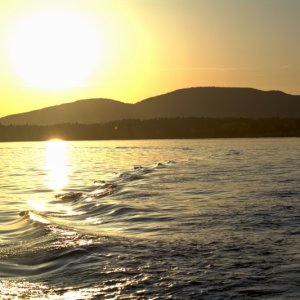 Media 'Sunset Sunday evening, still slow-cruising at 5 knots from Doe Island to Twin Bridges' in album 'A flat calm north end of Rosario Strait, after entering via Obstruction Pass, after leaving James Island May 4th, 2019'