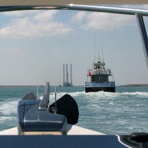 Media 'Coming up the ship channel - drilling rig outbound' in album 'dolphins alongside the boat'