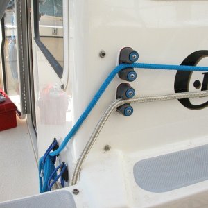 Sea Angel Dock Line System with HARKEN Cam-Cleats with color cam caps added. All dock lines are 25'long.