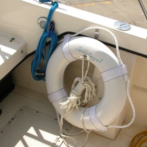 Sea Angel Aft Port side Shockcord Line Hanger -3/8" blue 25' braid stern line- after the Life Ring is mounted.