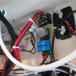 Media 'Intermittent wiper circuit board.  Switch and potentiometer protrude through the console (and secure the circuit board).  The two blue components are the relays- one for each wiper.' in album 'Battery Switches Location in Starboard Aft Compartment'