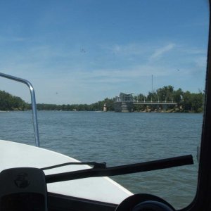 End of a day trip on the Sacramento River. Launch ramp is on left side framed by bow pulpit