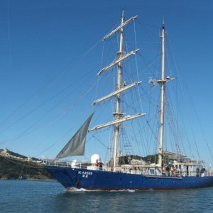 The Tallship "KASEI" as it makes its way through Raccoon Strait in San Francisco Bay